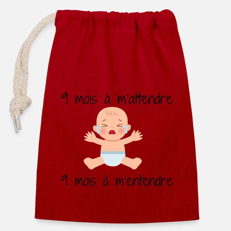 9 mois à m attendre, 9 mois à m'entendre - Sac cadeau en coton avec cordon (14 x 20 cm) - rouge