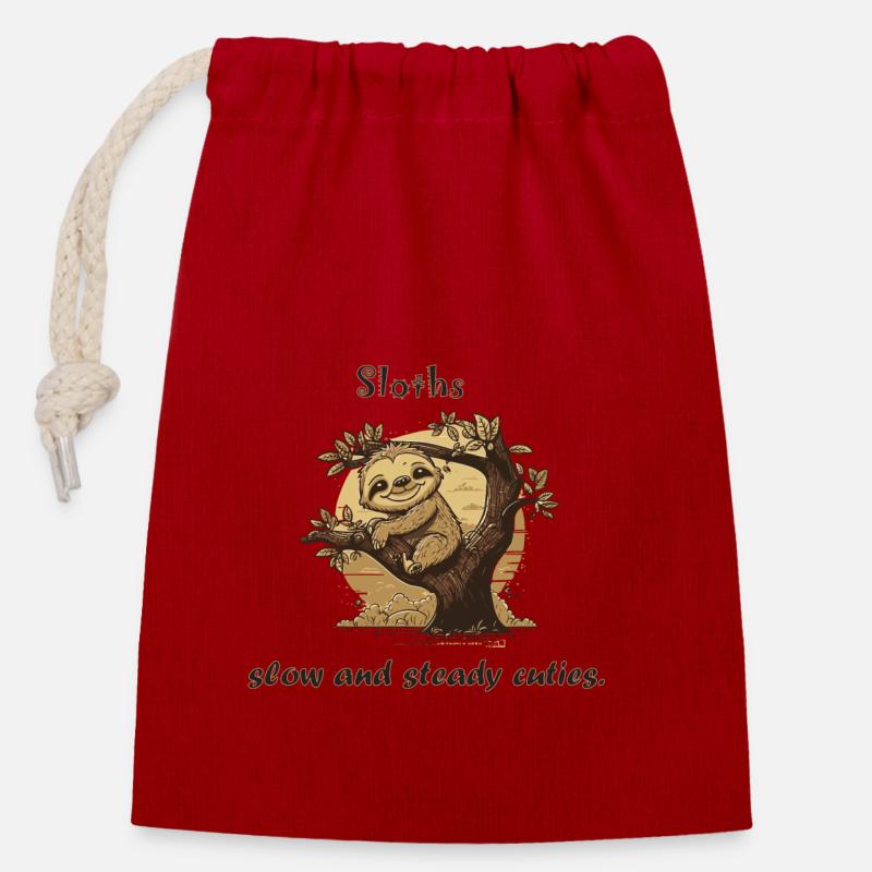 Sloth Cuties - Closable cotton gift bag (14x20cm) - red
