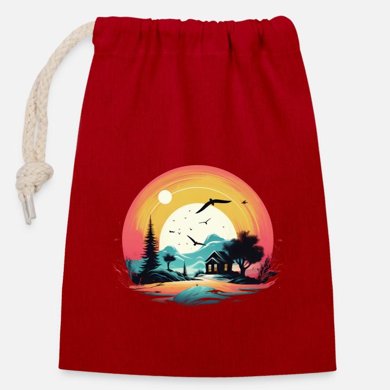 Coucher de soleil - Sac cadeau en coton avec cordon (14 x 20 cm) - rouge