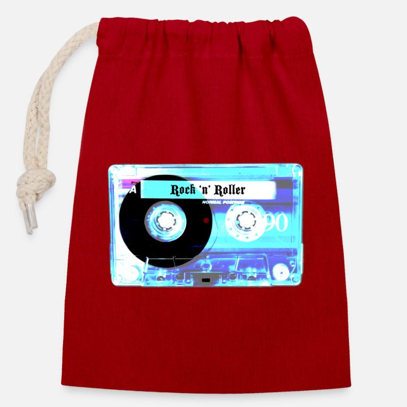 Cassette rétro - Sac cadeau en coton avec cordon (14 x 20 cm) - rouge