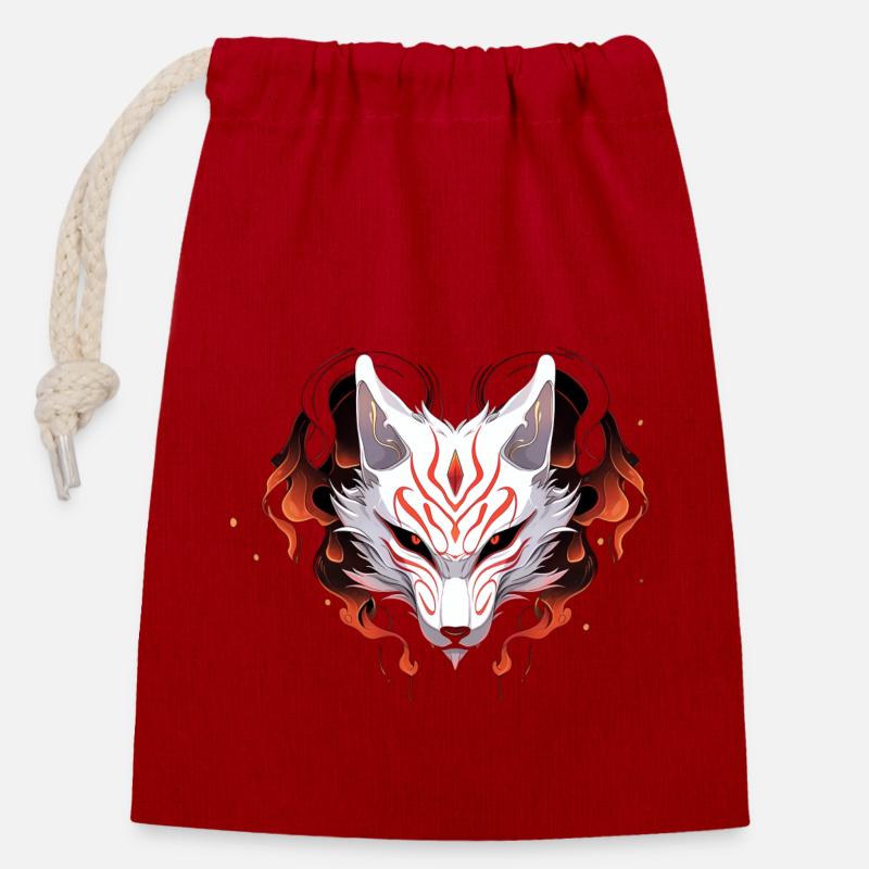 Kitsune-Maske - Verschließbarer Geschenkbeutel aus Baumwolle (14x20cm) - Rot