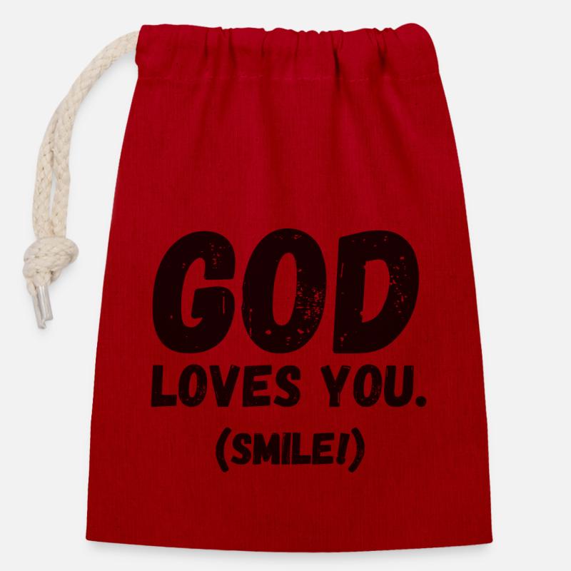 Dieu vous aime. Sourire! - Sac cadeau en coton avec cordon (14 x 20 cm) - rouge