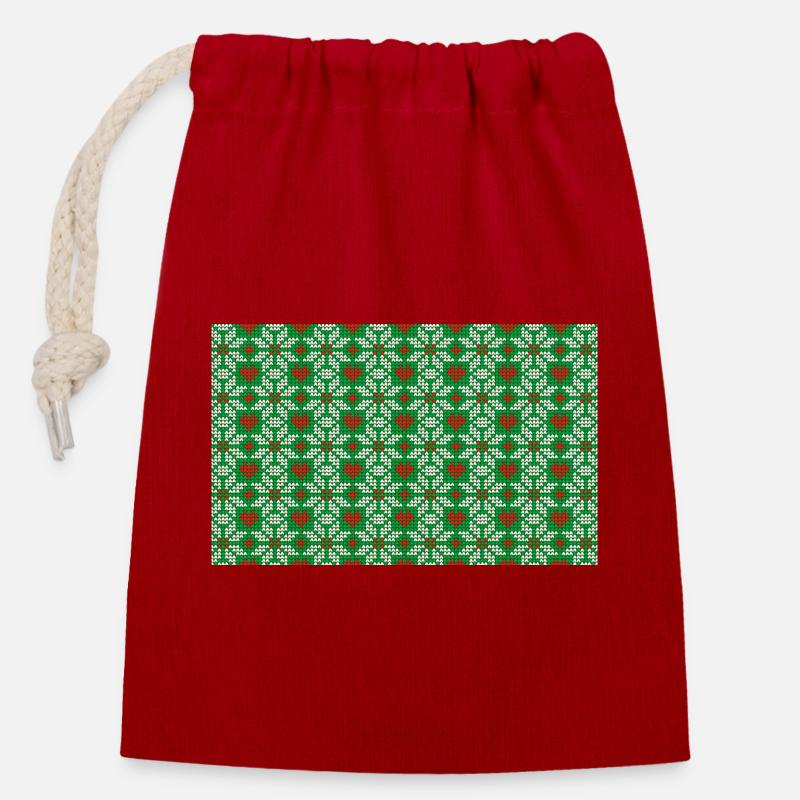 Gestricktes Weihnachtsmuster - Verschließbarer Geschenkbeutel aus Baumwolle (14x20cm) - Rot