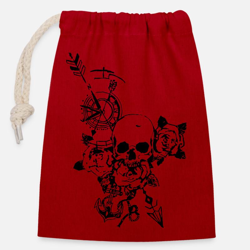 Skull with rose - Closable cotton gift bag (14x20cm) - red
