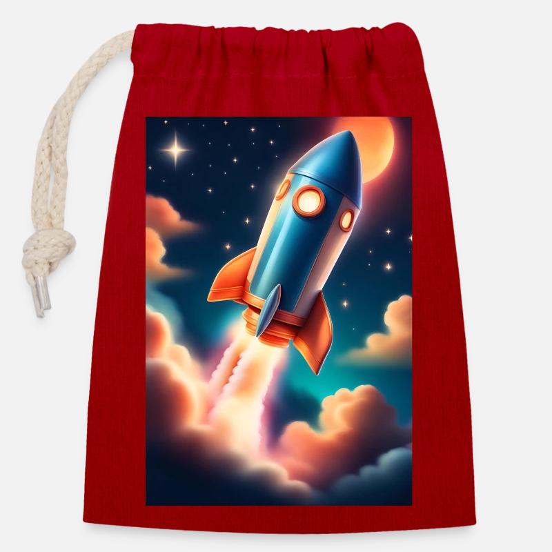 Fusée - Sac cadeau en coton avec cordon (14 x 20 cm) - rouge