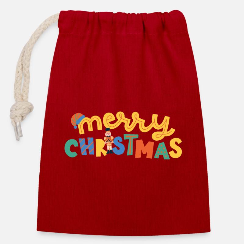 MERRY CHRISTMAS - Sac cadeau en coton avec cordon (14 x 20 cm) - rouge
