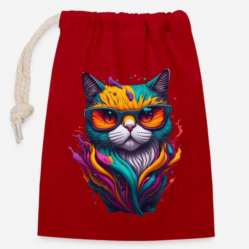 Chat 5 - Sac cadeau en coton avec cordon (14 x 20 cm) - rouge