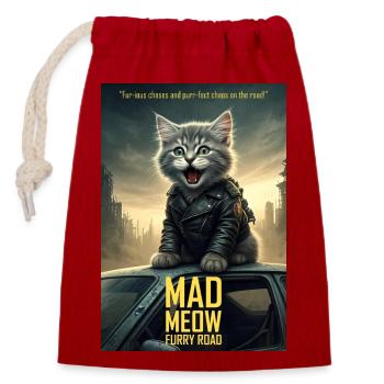 Lustiges Filmplakat - Mad Meow: Furry Road - Verschließbarer Geschenkbeutel aus Baumwolle (14x20cm) - Rot - Vorne