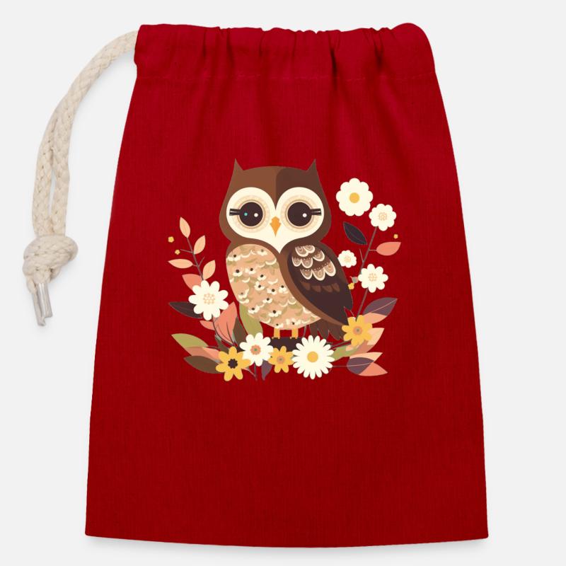 Chouette mignonne dans la forêt de fleurs 7 - Sac cadeau en coton avec cordon (14 x 20 cm) - rouge