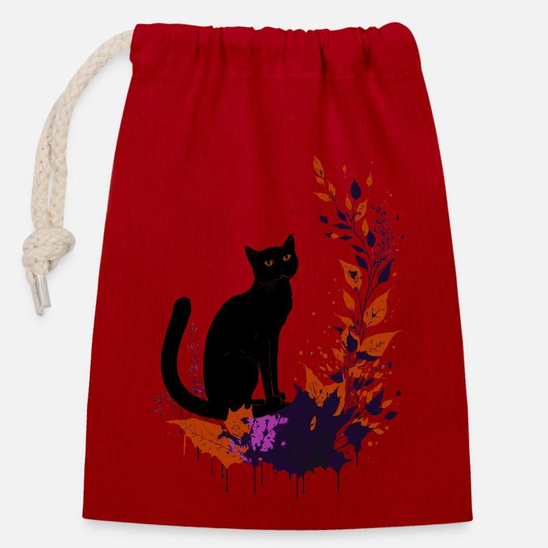 Chat noir - Sac cadeau en coton avec cordon (14 x 20 cm) - rouge