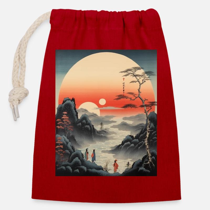 Coucher de soleil Ukiyo-e - Sac cadeau en coton avec cordon (14 x 20 cm) - rouge