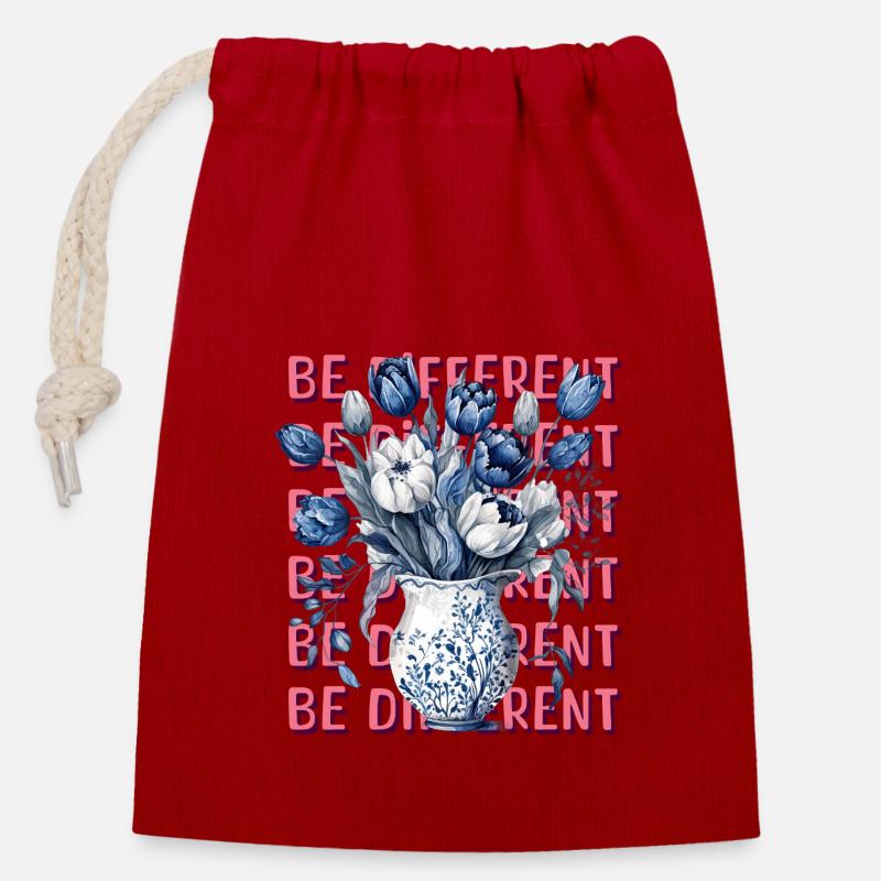 Be Different – Blue Tulips & Positivity - Closable cotton gift bag (14x20cm) - red