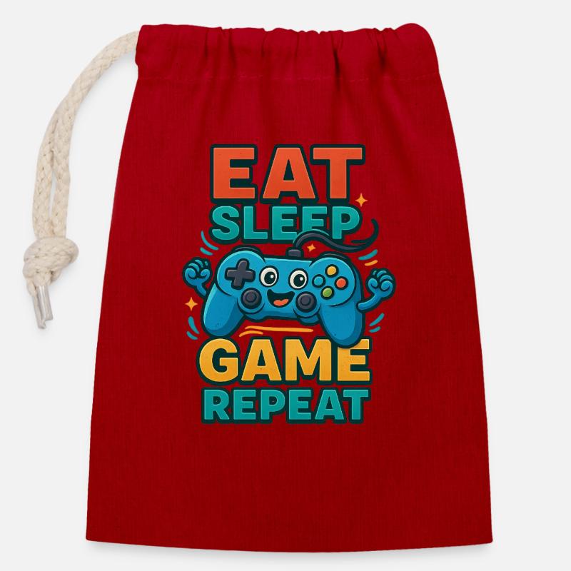 Eat Sleep Game Repeat – Funny Controller - Sac cadeau en coton avec cordon (14 x 20 cm) - rouge
