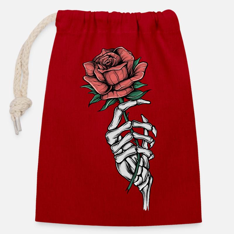 Knochenhand mit Rose - Verschließbarer Geschenkbeutel aus Baumwolle (14x20cm) - Rot