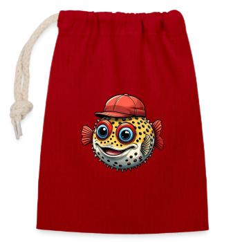 Drôle de poisson-globe avec casquette de baseball rouge - Sac cadeau en coton avec cordon (14 x 20 cm) - rouge - Devant