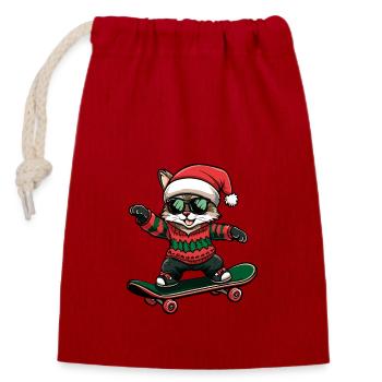 Chat Noël Drôle - Sac cadeau en coton avec cordon (14 x 20 cm) - rouge - Devant