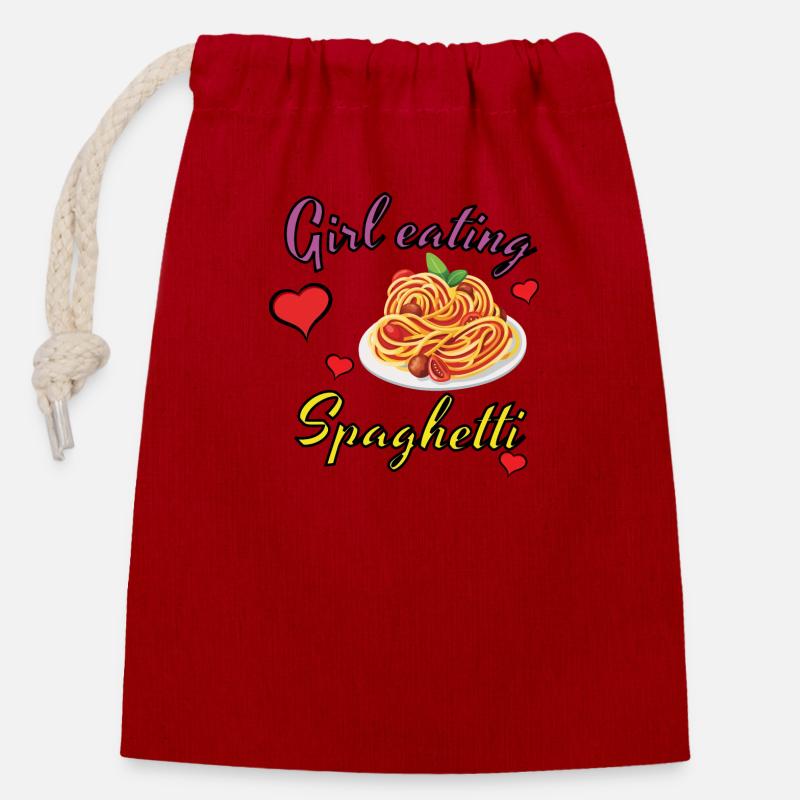 Mädchen isst Spaghetti, lustiges Design - Verschließbarer Geschenkbeutel aus Baumwolle (14x20cm) - Rot