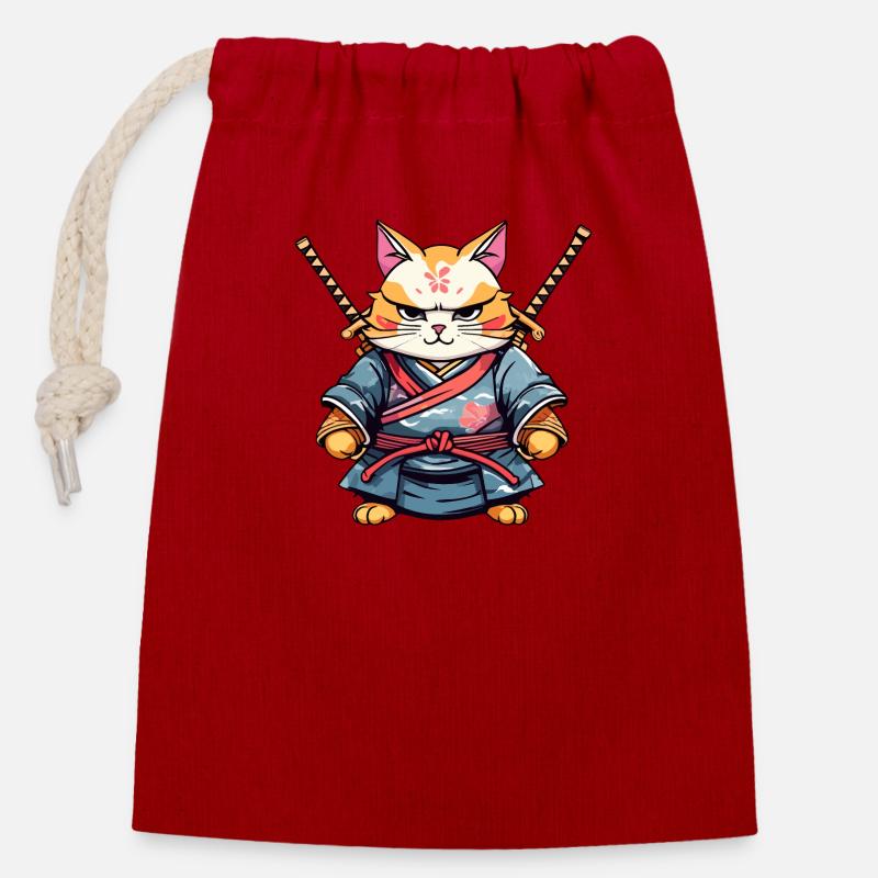 Samurai-Katze #28 - Verschließbarer Geschenkbeutel aus Baumwolle (14x20cm) - Rot