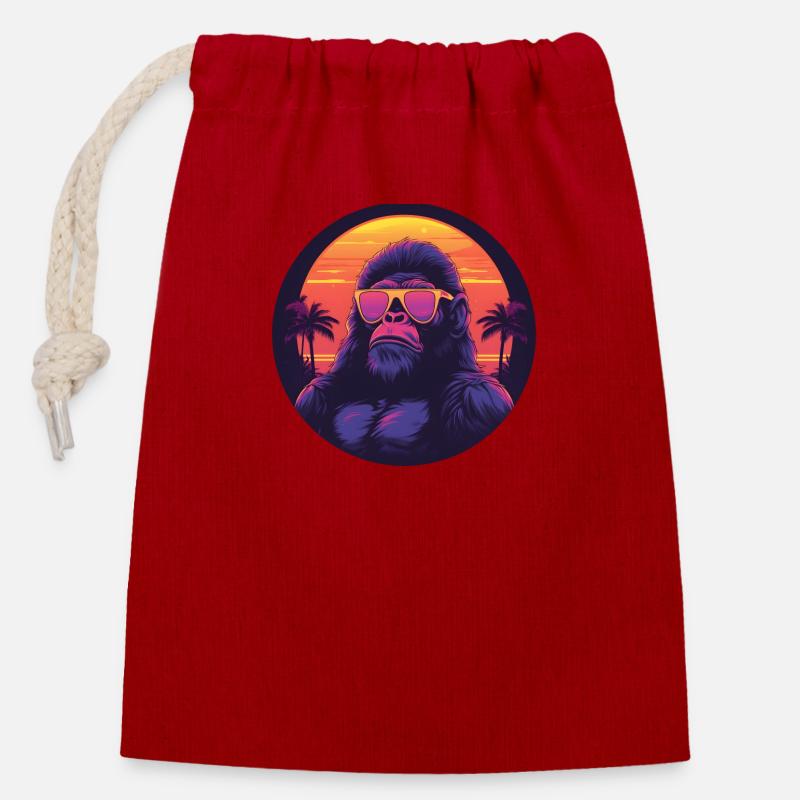 Synthwave gorilla Sunset - Sac cadeau en coton avec cordon (14 x 20 cm) - rouge