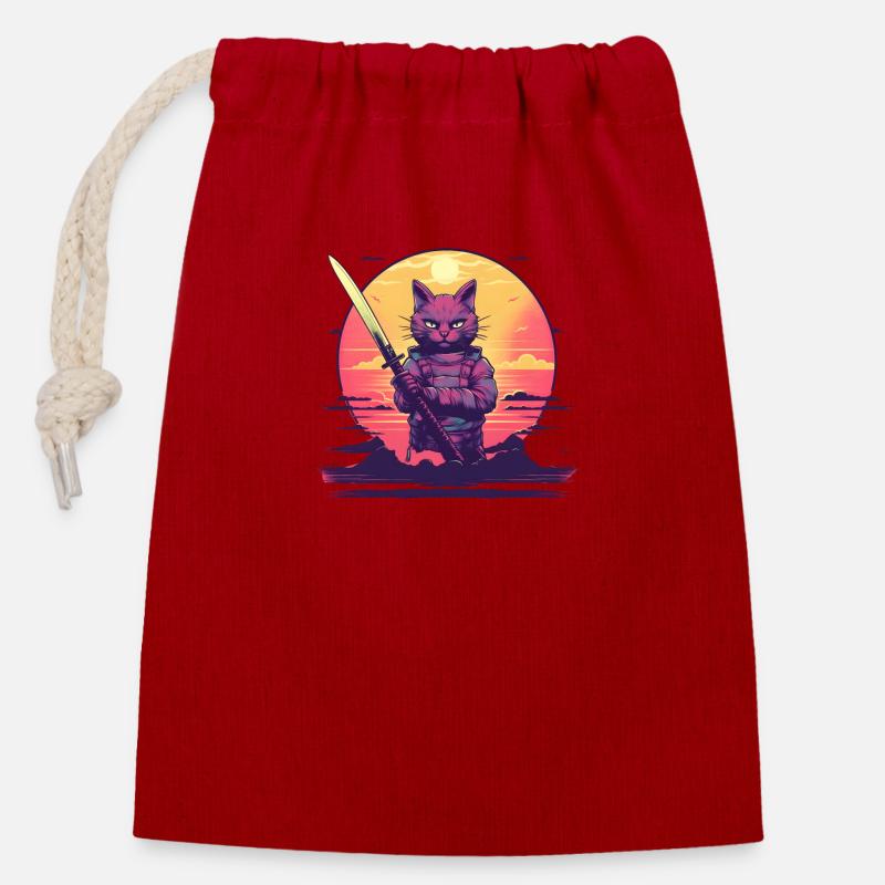 Synthwave samurai Cat sunset - Verschließbarer Geschenkbeutel aus Baumwolle (14x20cm) - Rot