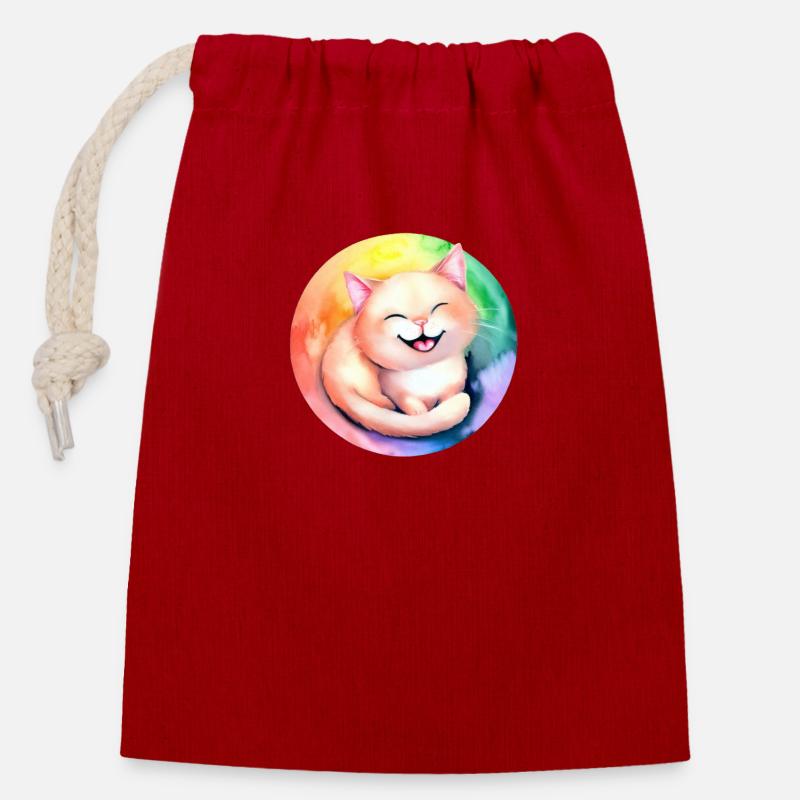 Rainbow cat - Closable cotton gift bag (14x20cm) - red