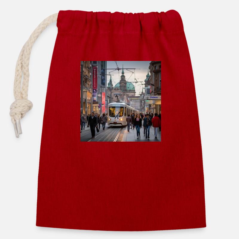 Rue avec tram - Sac cadeau en coton avec cordon (14 x 20 cm) - rouge