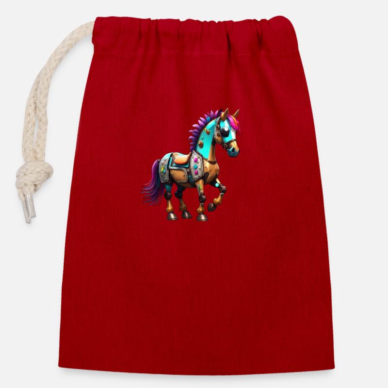 Robot Cheval - Sac cadeau en coton avec cordon (14 x 20 cm) - rouge