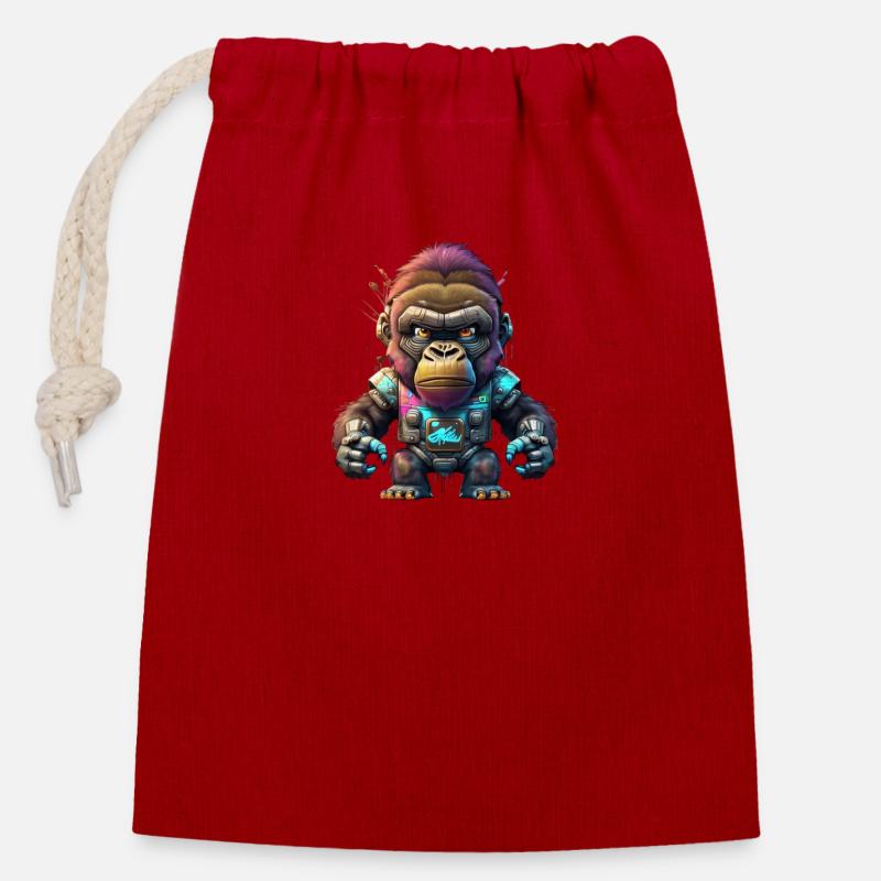 Robot Gorille - Sac cadeau en coton avec cordon (14 x 20 cm) - rouge