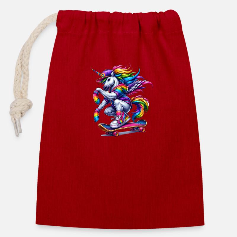 Rainbow Unicorn Einhorn Bunt und cool - Verschließbarer Geschenkbeutel aus Baumwolle (14x20cm) - Rot