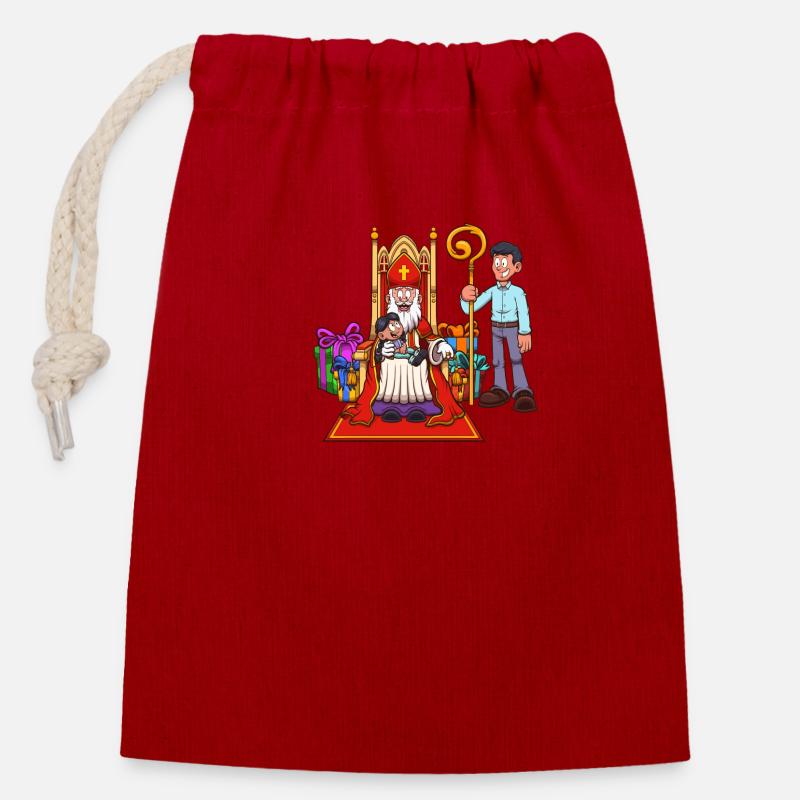Heiliger Nikolaus mit Kind - Verschließbarer Geschenkbeutel aus Baumwolle (14x20cm) - Rot