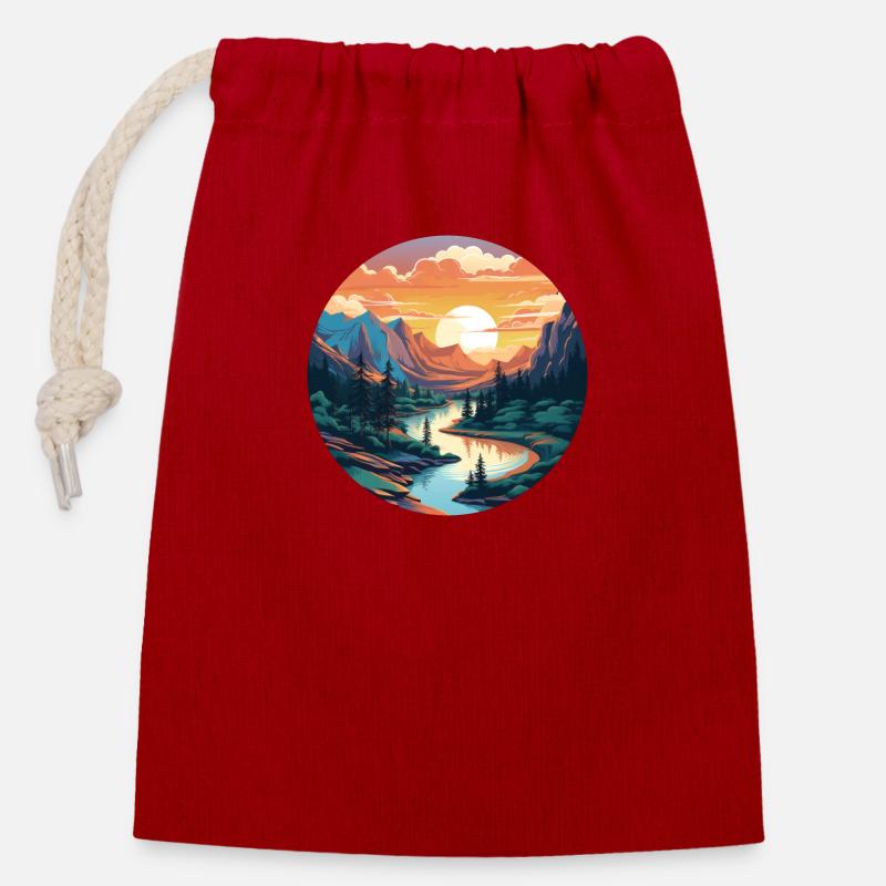 Beauté d’une rivière au coucher du soleil - Sac cadeau en coton avec cordon (14 x 20 cm) - rouge