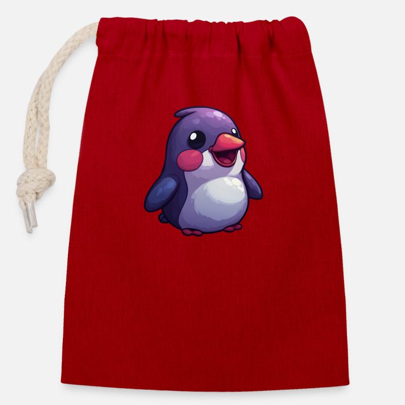 Pingouin mignon - Conception de style bande dessinée pour les enfants - Sac cadeau en coton avec cordon (14 x 20 cm) - rouge