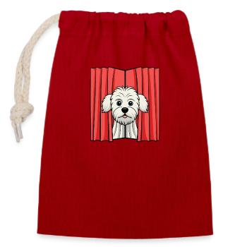 Shy Maltese Peeking from Curtain - Closable cotton gift bag (14x20cm) - red - Front