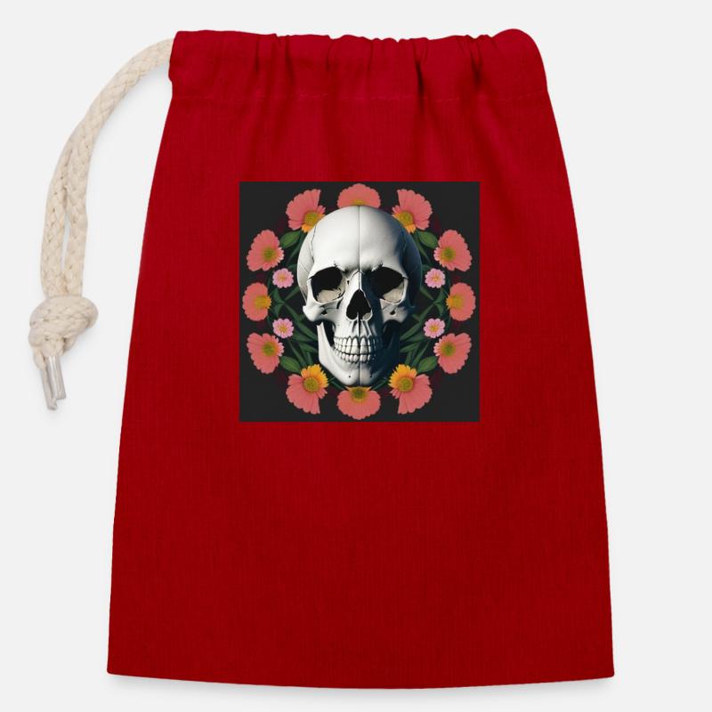 Flower-Skull - Verschließbarer Geschenkbeutel aus Baumwolle (14x20cm) - Rot
