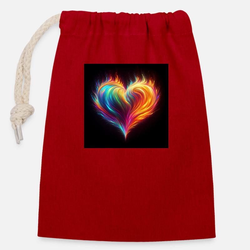 Rainbow fire heart - Closable cotton gift bag (14x20cm) - red
