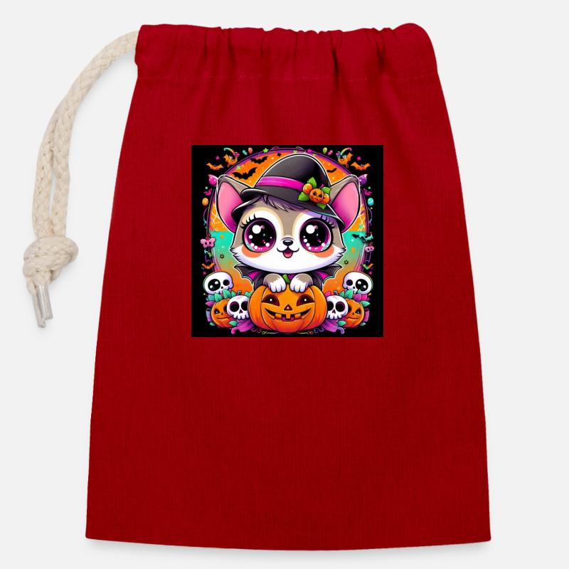 Halloween coloré - Sac cadeau en coton avec cordon (14 x 20 cm) - rouge
