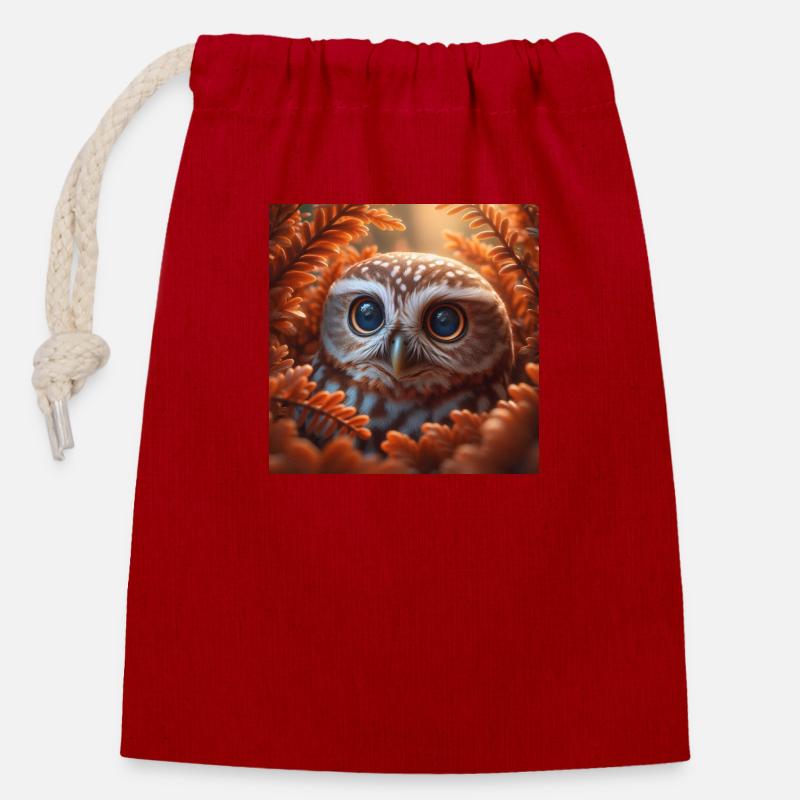 Autumn owl - Closable cotton gift bag (14x20cm) - red