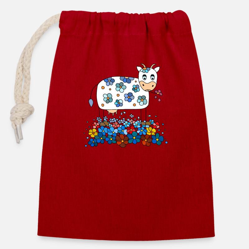 Vache - Sac cadeau en coton avec cordon (14 x 20 cm) - rouge