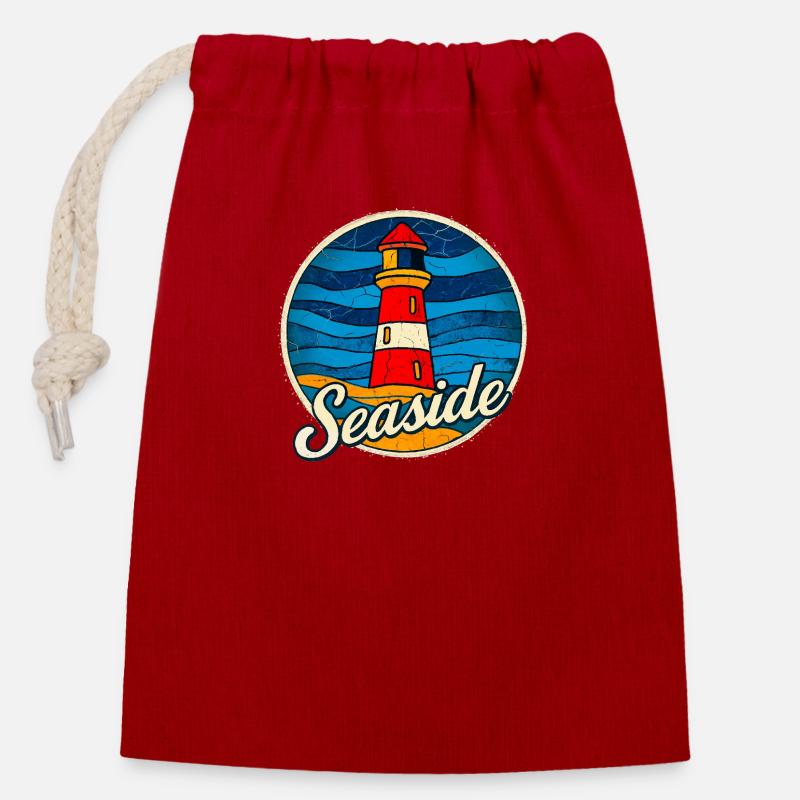 Leuchtturm Seaside Vintage - Verschließbarer Geschenkbeutel aus Baumwolle (14x20cm) - Rot