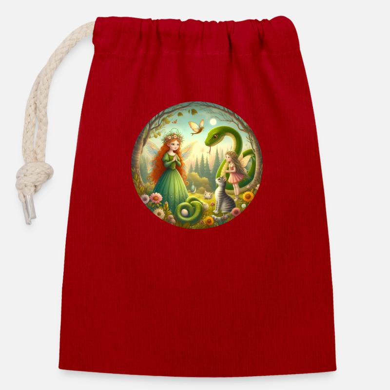 Forêt de conte de fées - Sac cadeau en coton avec cordon (14 x 20 cm) - rouge