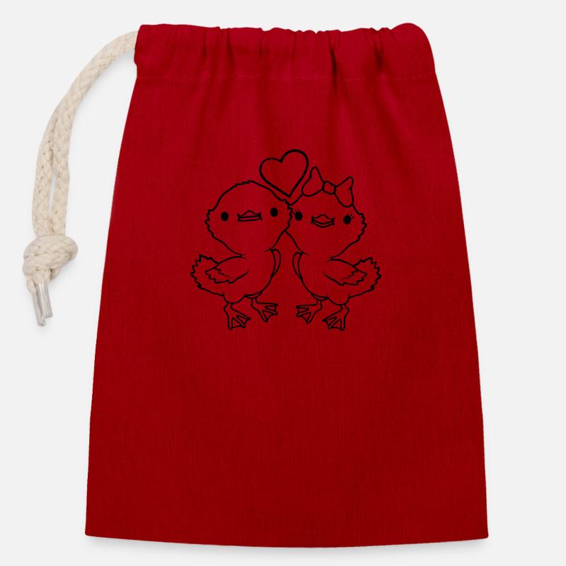 2 Chicks Heart Pair - Sac cadeau en coton avec cordon (14 x 20 cm) - rouge