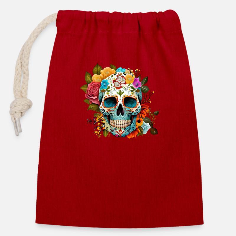 Totenkopf Blumen Bunt - Verschließbarer Geschenkbeutel aus Baumwolle (14x20cm) - Rot