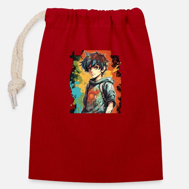 Anime Boy - Verschließbarer Geschenkbeutel aus Baumwolle (14x20cm) - Rot