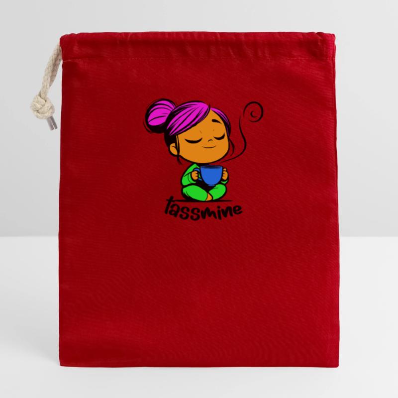Tassmine enspannt mit einer Tasse Tee oder Kaffee Verschließbarer Geschenkbeutel aus Baumwolle (14x20cm)