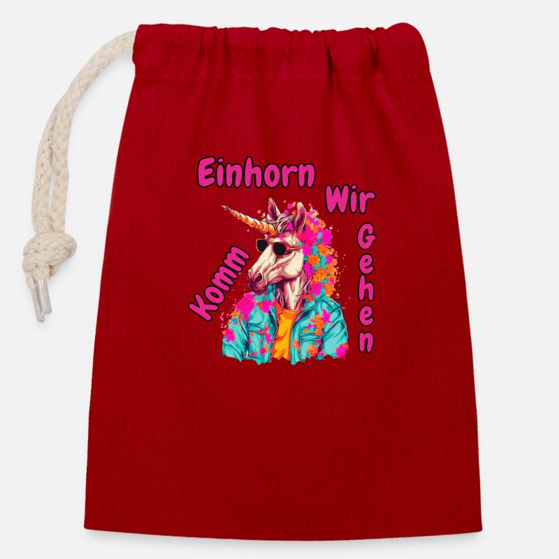 Komm Einhorn wir gehen - Verschließbarer Geschenkbeutel aus Baumwolle (14x20cm) - Rot