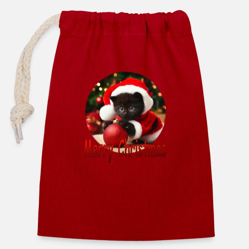 Joyeux Noël Chat 02 - Sac cadeau en coton avec cordon (14 x 20 cm) - rouge