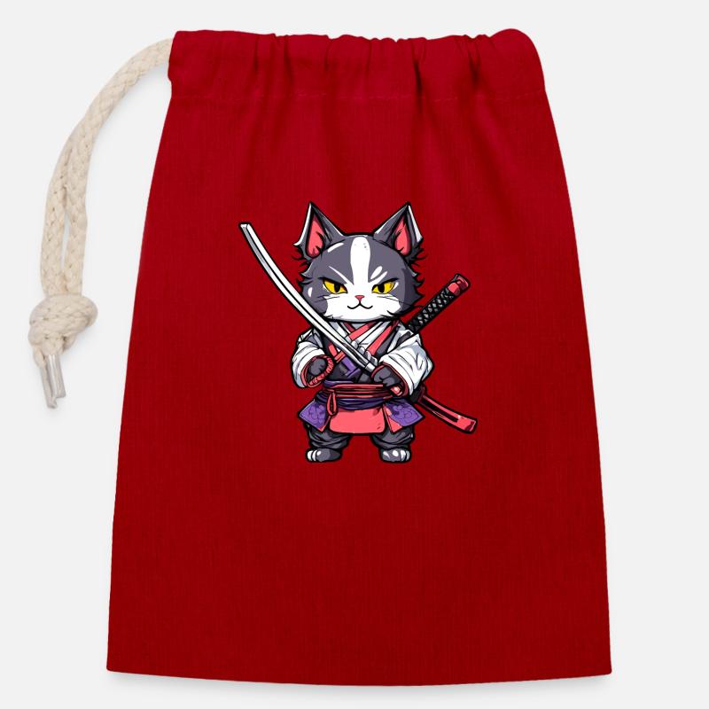 Samurai-Katze #20 - Verschließbarer Geschenkbeutel aus Baumwolle (14x20cm) - Rot