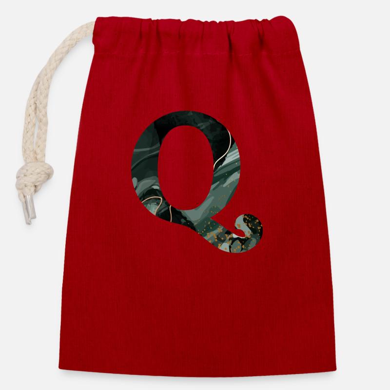 Lettre q marbré vert - Sac cadeau en coton avec cordon (14 x 20 cm) - rouge