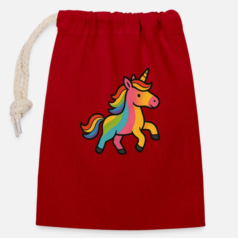 Buntes Einhorn - Verschließbarer Geschenkbeutel aus Baumwolle (14x20cm) - Rot