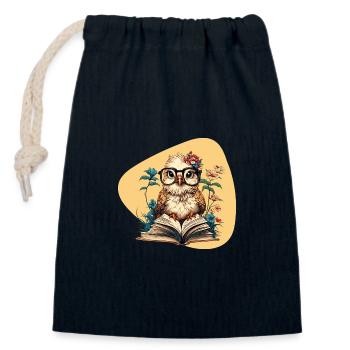 Eule mit Buch - Verschließbarer Geschenkbeutel aus Baumwolle (14x20cm) - Navy - Vorne